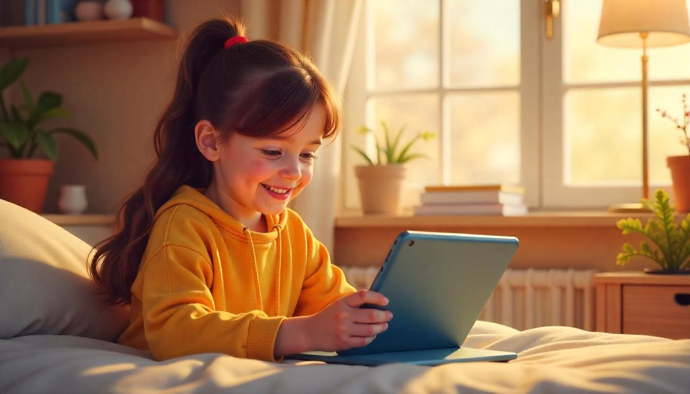 A 12-year-old child using a tablet in a safe and supervised home environment, with a smiling parent nearby, surrounded by playful icons of kid-friendly social media platforms like Messenger Kids and YouTube Kids.