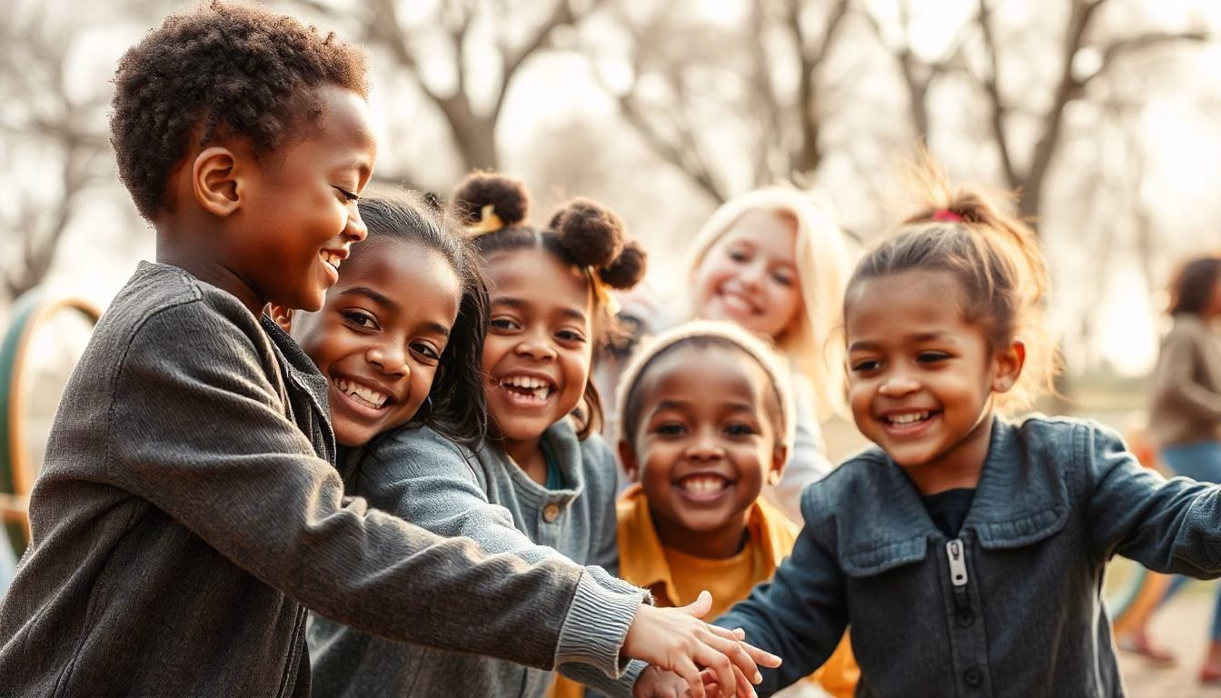 Children of diverse backgrounds playing together in a park, with a supportive parent smiling in the background, symbolizing care, inclusivity, and the importance of building friendships.