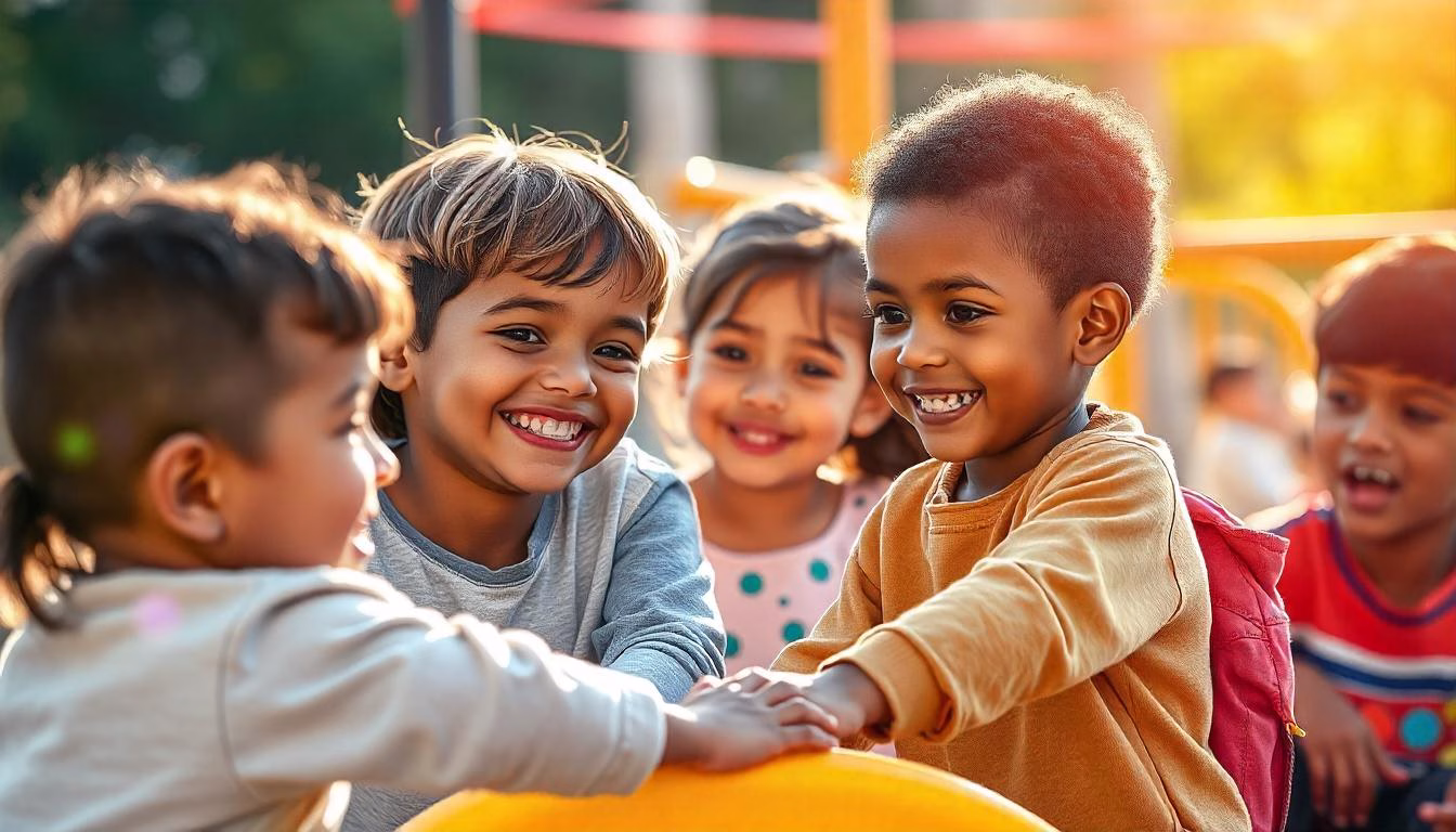 Young children playing together in a colorful outdoor playground, symbolizing early friendships and social connections among kids.