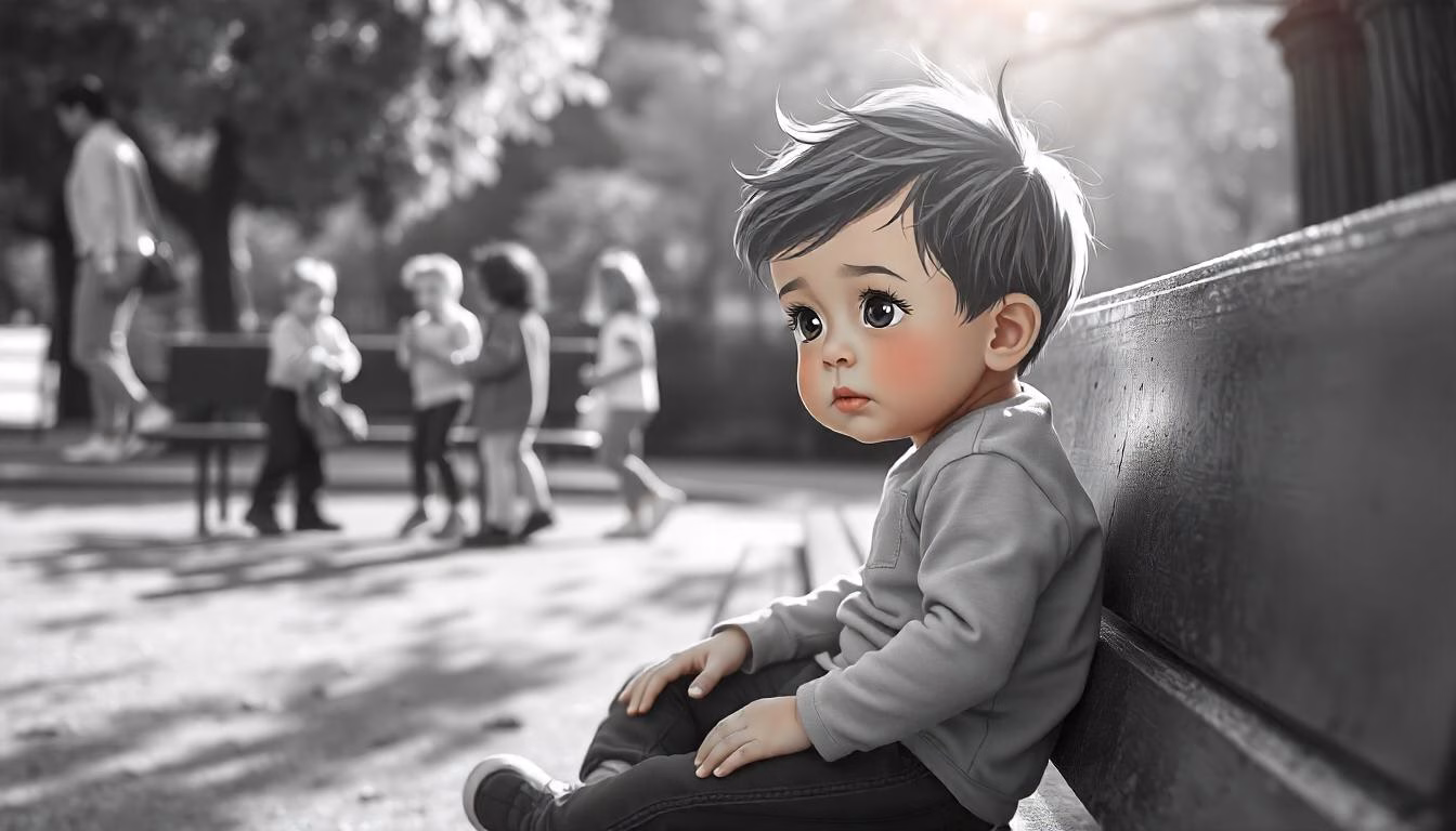 a lonely young boy sitting on a chair in the park