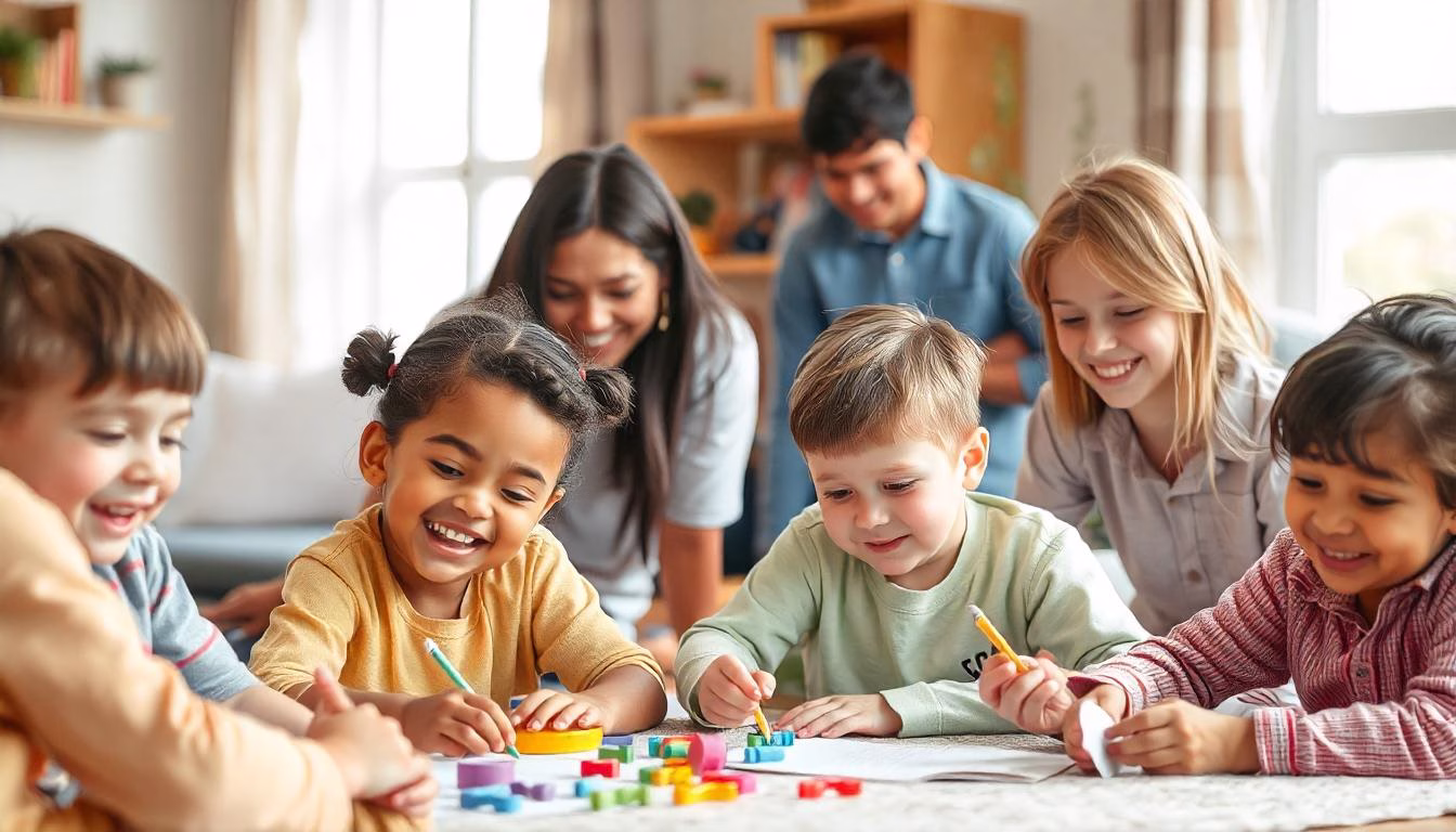 a group of children happily playing with their parents