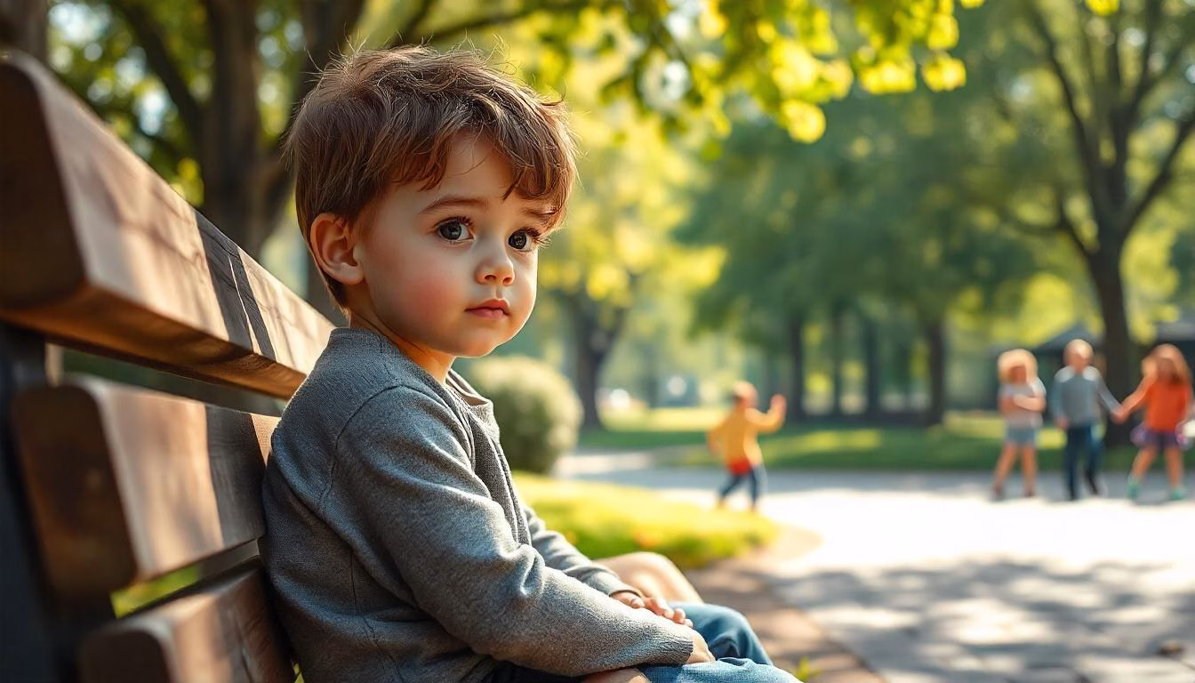 A thoughtful 7-year-old child sitting on a park bench, watching other children play in a sunny park, symbolizing the journey to building friendships and overcoming childhood loneliness.