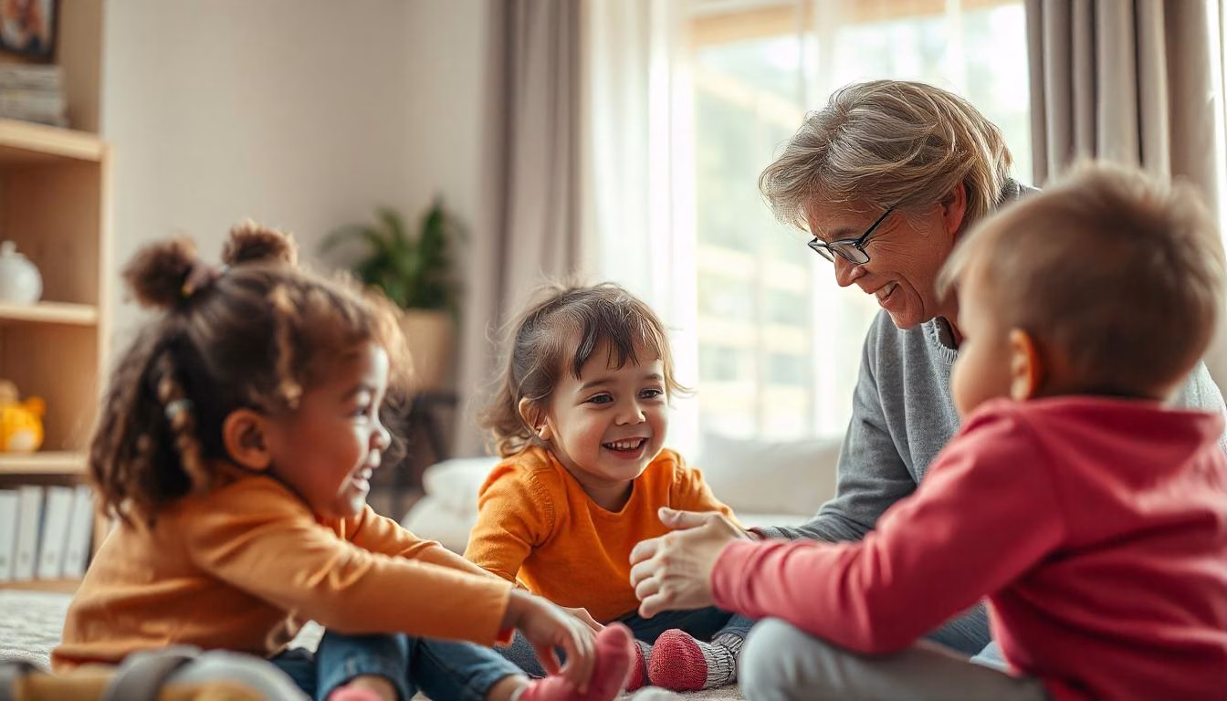 three children happily playing with their parents