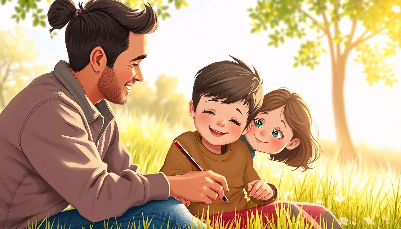 two children playing with their father in a park