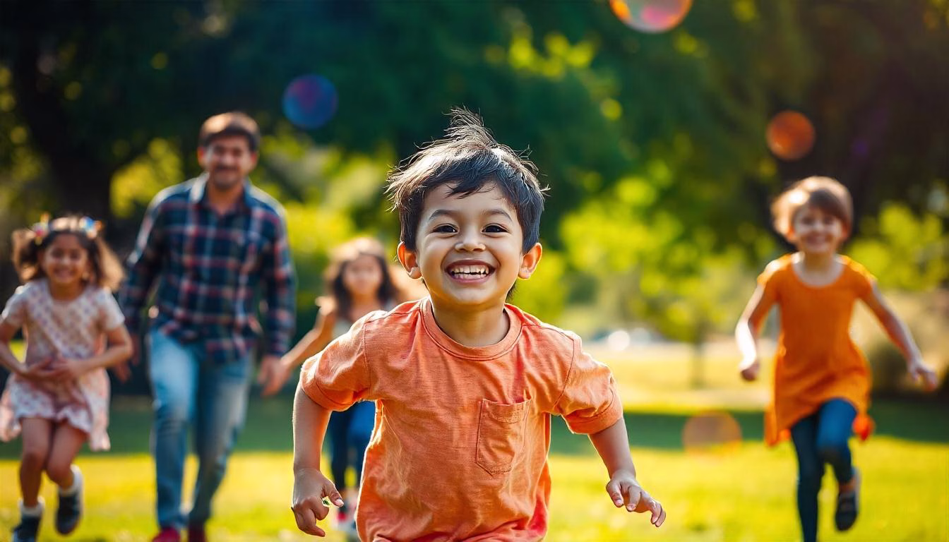 A happy 7-year-old child playing with friends in a sunny park, with parents watching supportively in the background, symbolizing friendship, connection, and community.