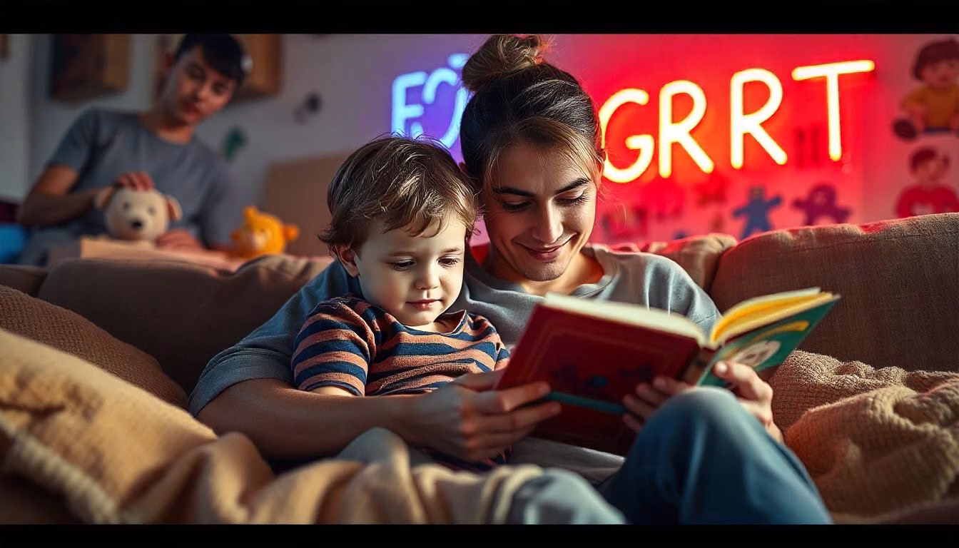 A parent and child sitting on a couch, reading a book together in a warm, well-lit room, with toys and artwork in the background symbolizing creativity and connection.