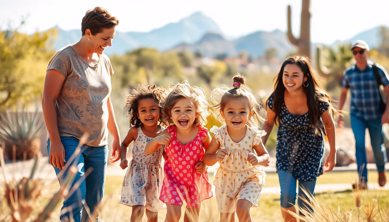 Children of diverse backgrounds playing together in a Phoenix park, with parents chatting nearby and desert scenery in the background, symbolizing community and friendship.