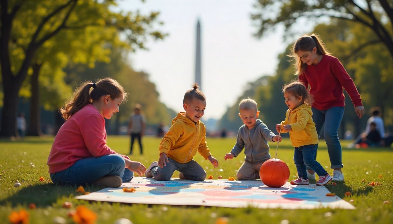 Children of diverse backgrounds playing together in a park in Washington D.C., with the Washington Monument in the background, including kids with autism and ADHD enjoying inclusive activities under parental supervision.