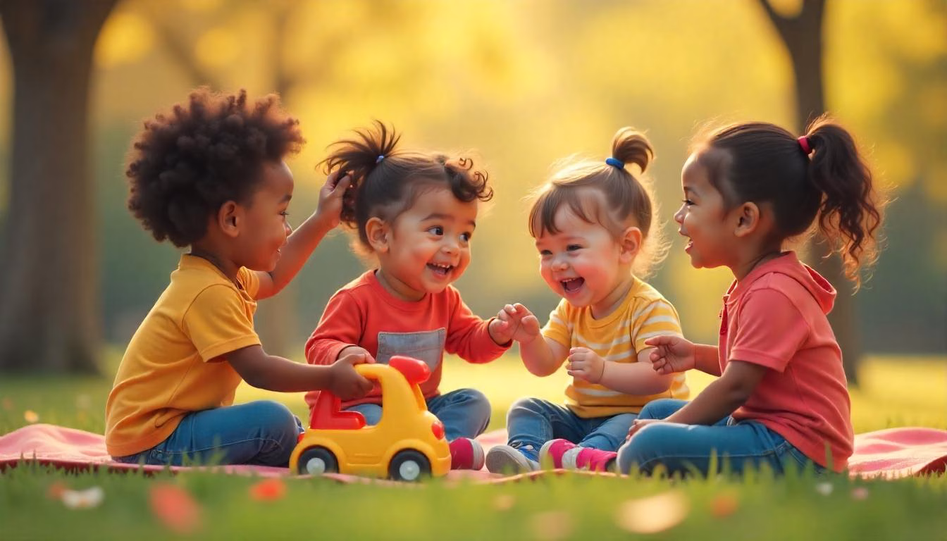 A cheerful illustration of diverse children playing together in a park, symbolizing kindness, communication, and strong friendships.