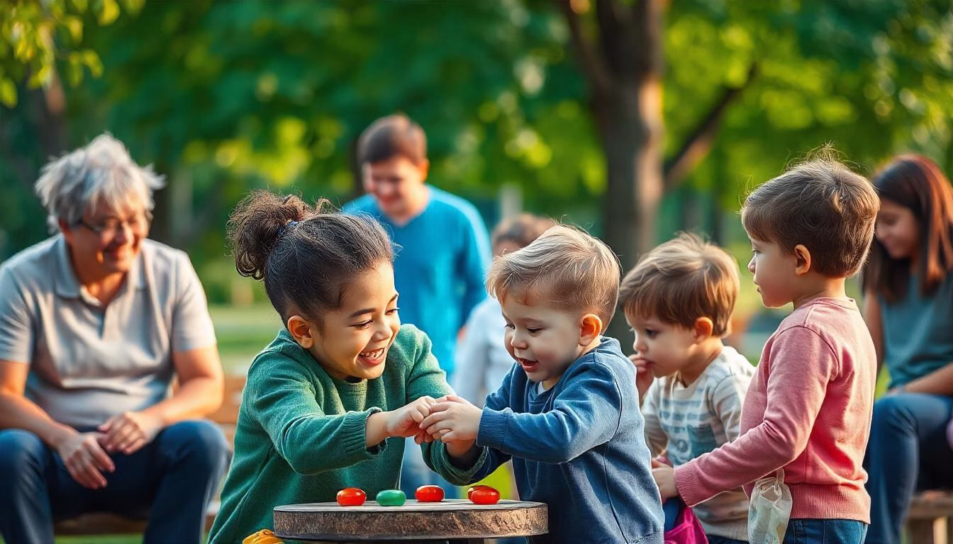 Parents and children engaging in inclusive activities in a park, with a focus on a parent supporting a child with autism in a sensory-friendly game, symbolizing connection and understanding.
