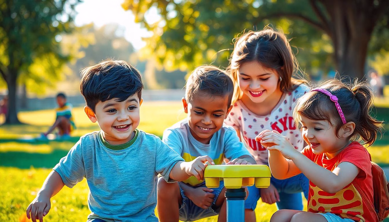An illustration of children playing together in a park, showcasing diverse friendships with children of different abilities, including one with autism and another with ADHD, under the caring supervision of parents in the background.