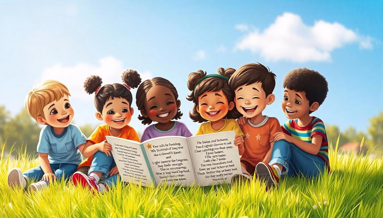 A group of diverse children sitting together outdoors, happily reading a book of friendship poems, smiling, and sharing laughter in a bright and cheerful setting.