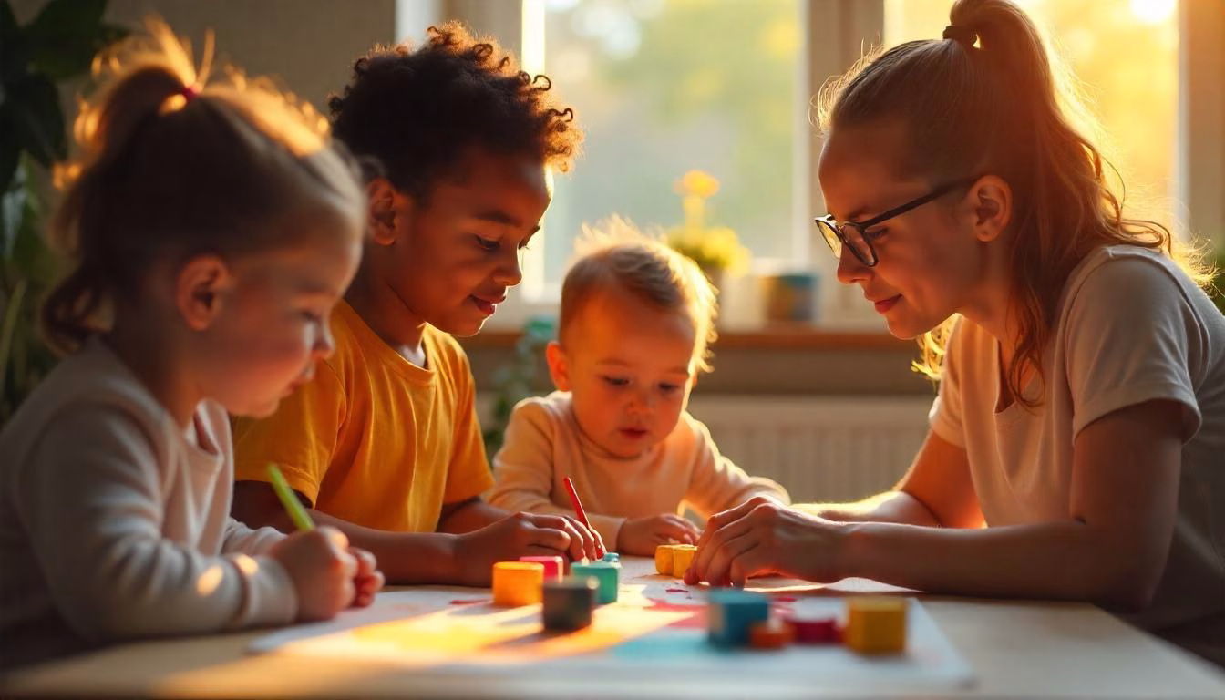 A group of children with autism participating in inclusive activities like painting and playing with blocks, guided by a supportive caregiver in a bright and welcoming environment.