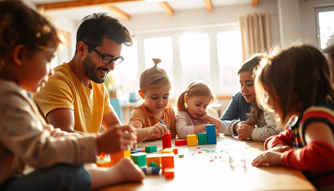 Children of diverse backgrounds, including a child with autism, happily participating in a group activity with parents and caregivers offering supportive guidance in a bright and welcoming environment.