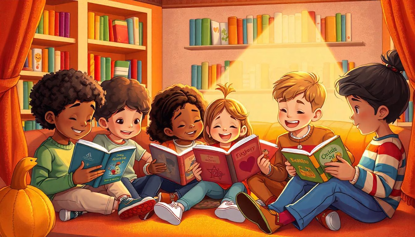 Illustration of children reading in a cozy setting, enjoying books from the 50 best friendship books for kids, highlighting themes of kindness, inclusion, and connection.