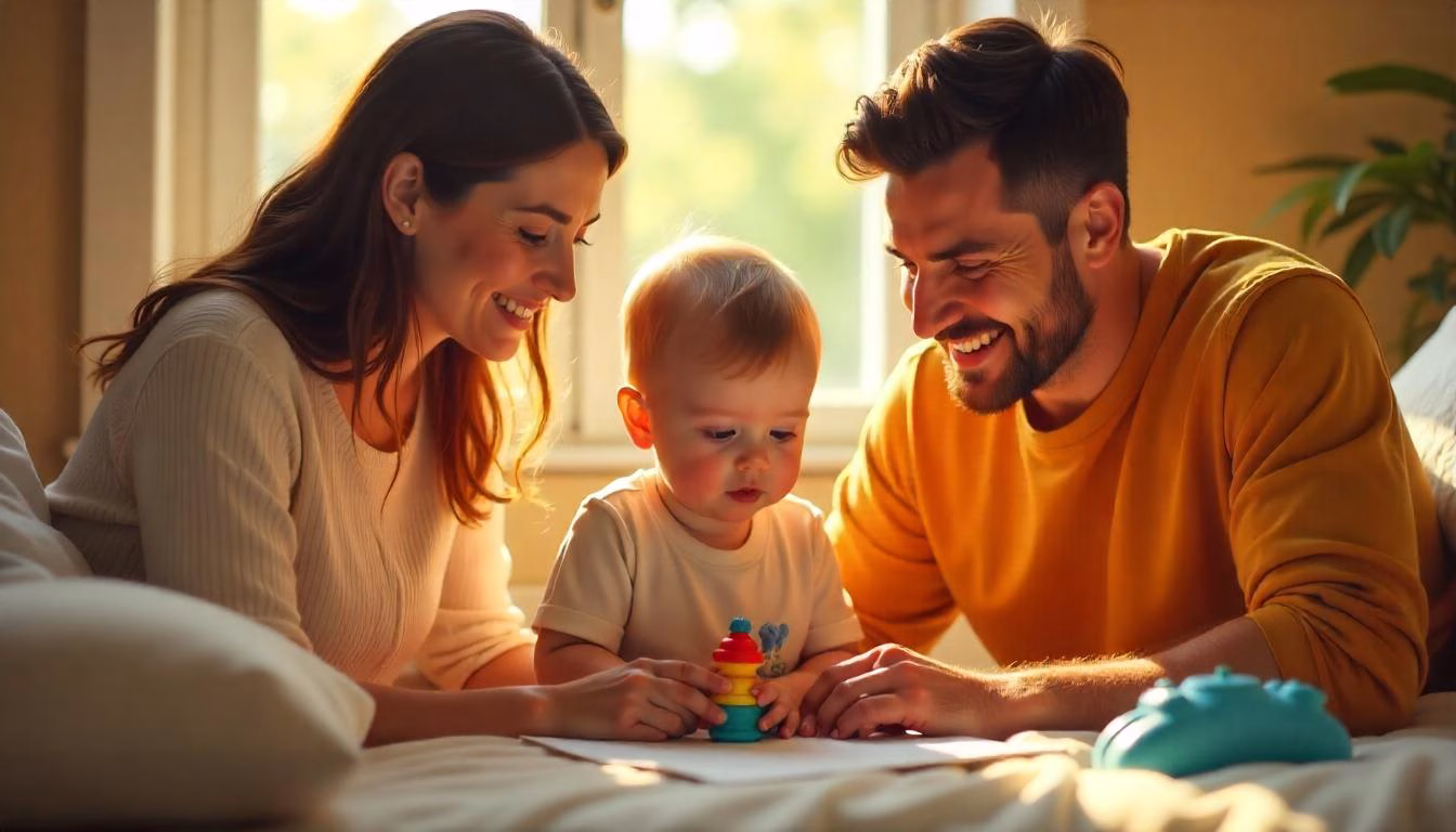 Parents calmly guiding their autistic child using a visual schedule and sensory toy in a supportive home environment.