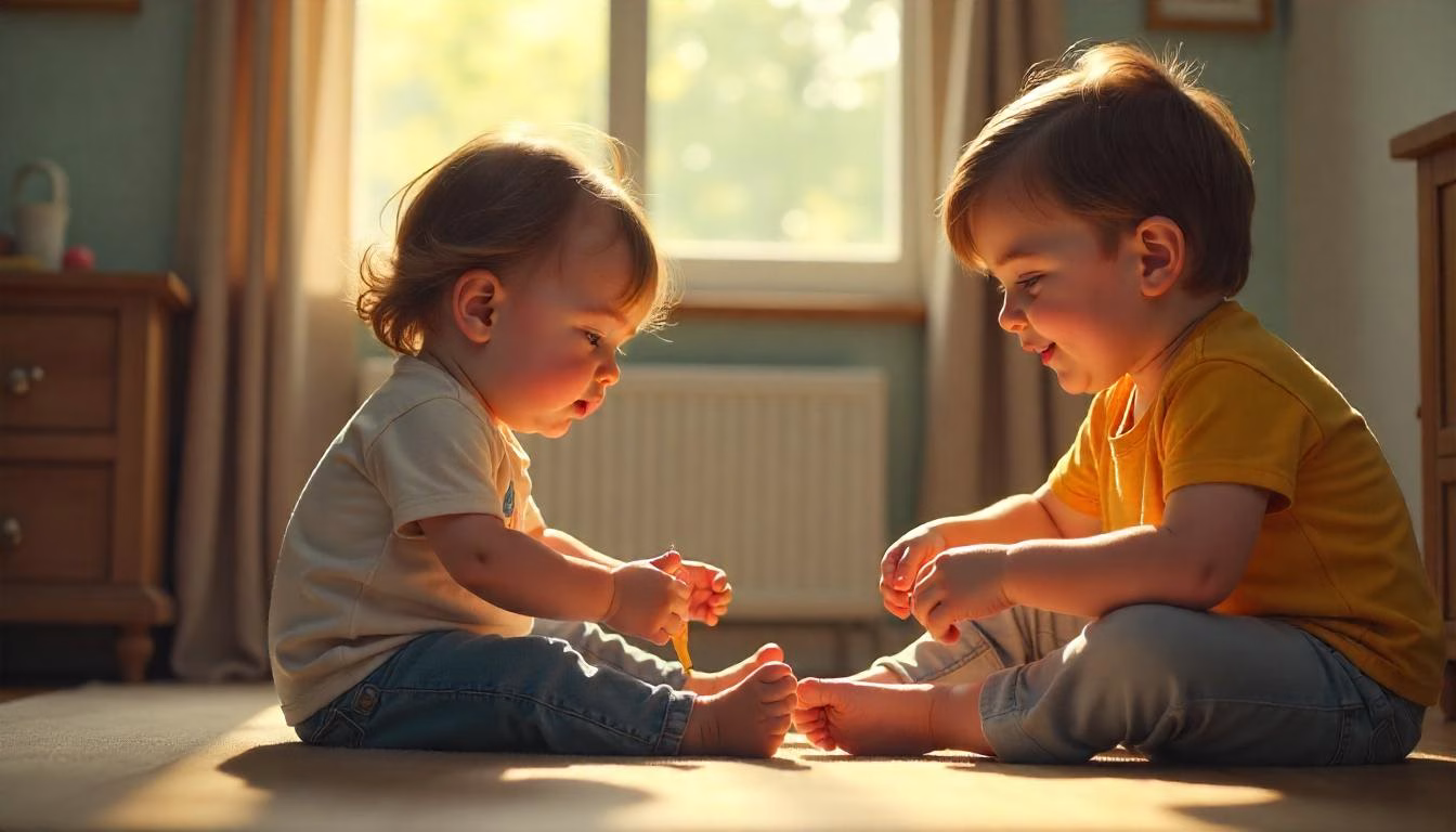 A young autistic child and a friend engaging in a sensory-friendly activity in a calm and inclusive environment, highlighting connection, support, and friendship
