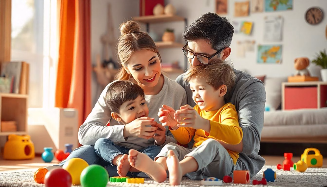 A supportive parent engaging with their autistic child using visual aids and playful interaction in a warm and nurturing home environment.
