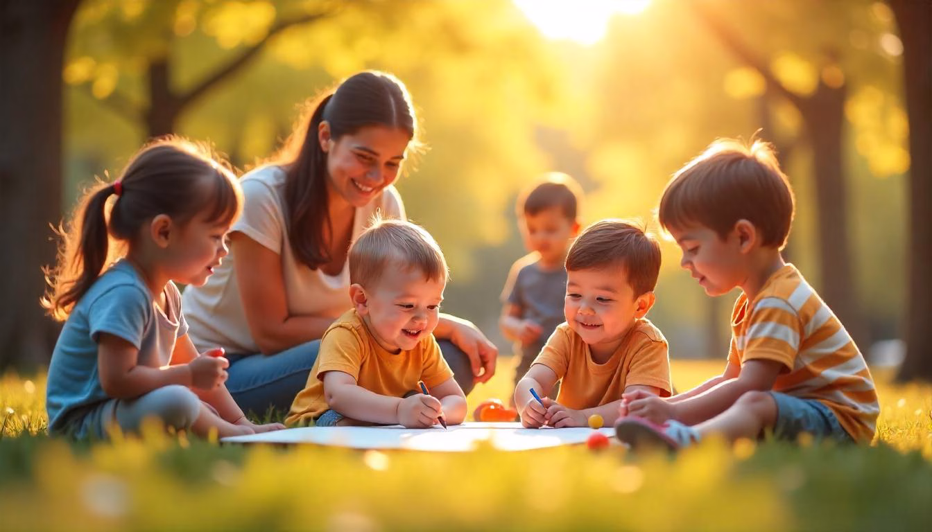 Children, including an autistic child, happily playing together in an inclusive outdoor park, fostering friendship and social connection. A supportive parent observes in the background, creating a warm and safe environment.