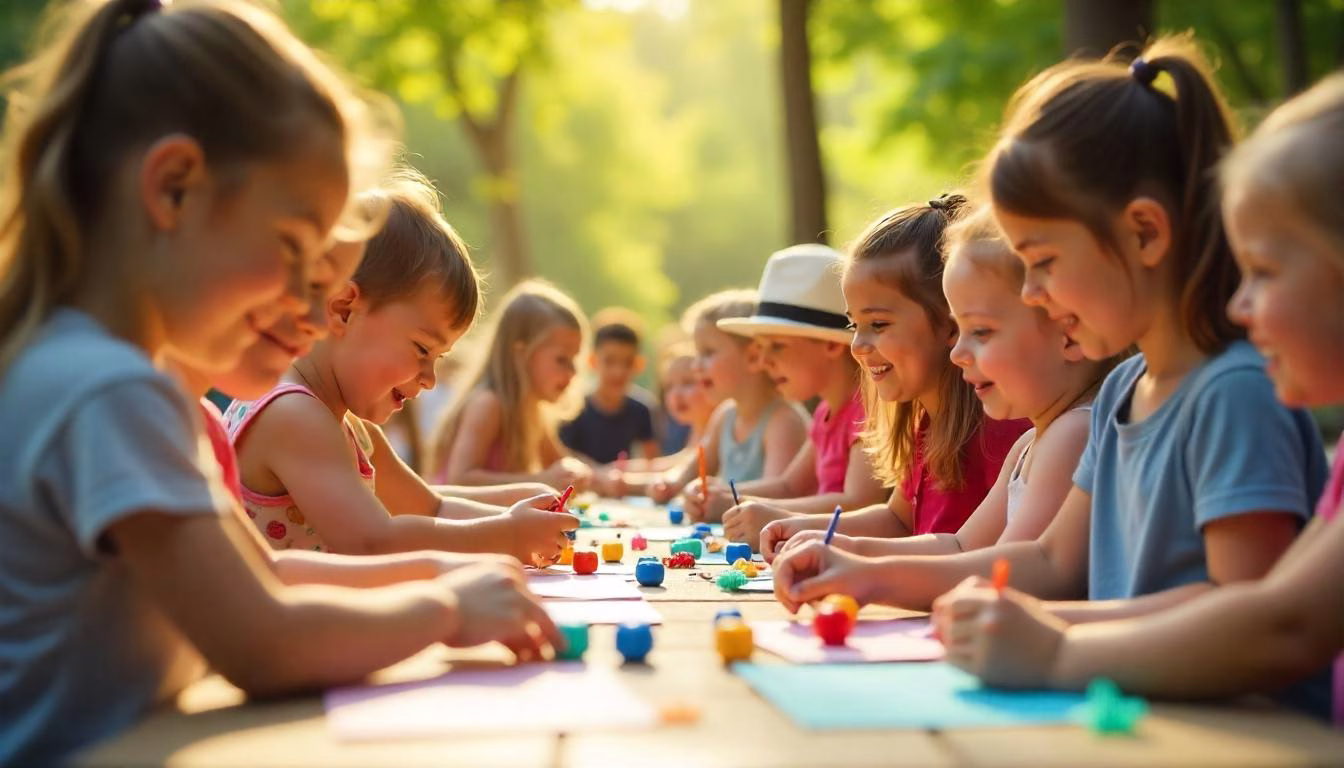 Children with autism enjoying a sensory-friendly summer camp, engaging in outdoor activities with trained counselors in a supportive and inclusive environment.