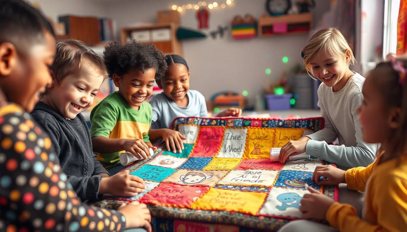 Children joyfully creating a colorful friendship quilt together, decorating fabric squares with drawings and messages to celebrate their friendships in a cozy, creative space.