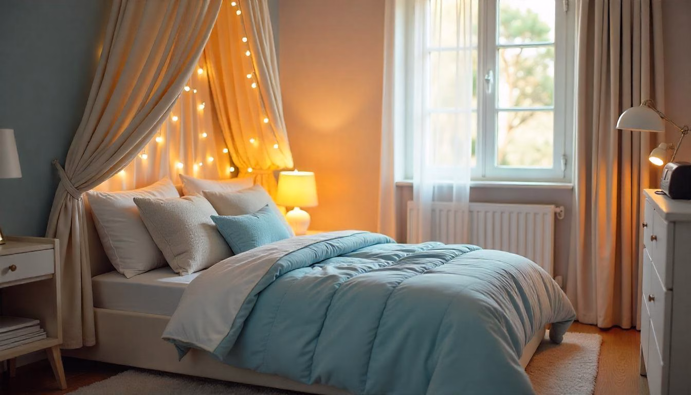 A cozy bedroom with a sensory-friendly canopy bed, soft lighting, and calming blue tones, designed to provide comfort and security for a child with autism.
