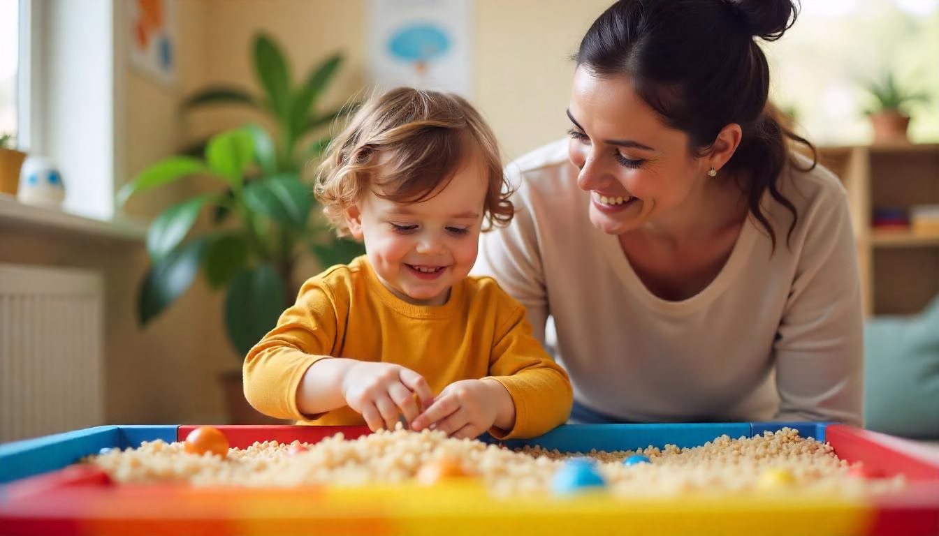 A young autistic child joyfully playing with a sensory bin filled with colorful rice and small toys, while a supportive caregiver guides them in a warm and inviting playroom.