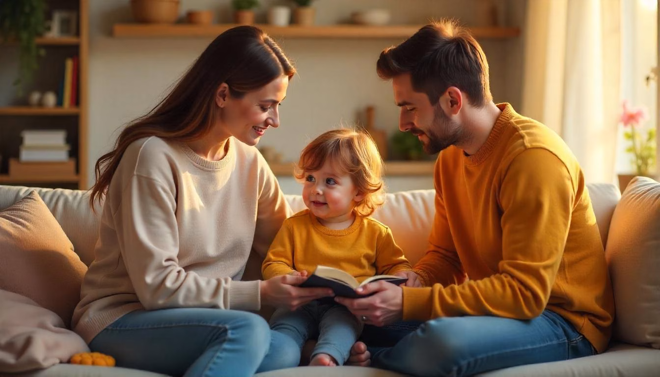A caring mother and father sitting with their young child in a warm home setting, engaging in a thoughtful conversation. The scene conveys love, support, and understanding, representing a family’s journey in learning about autism.