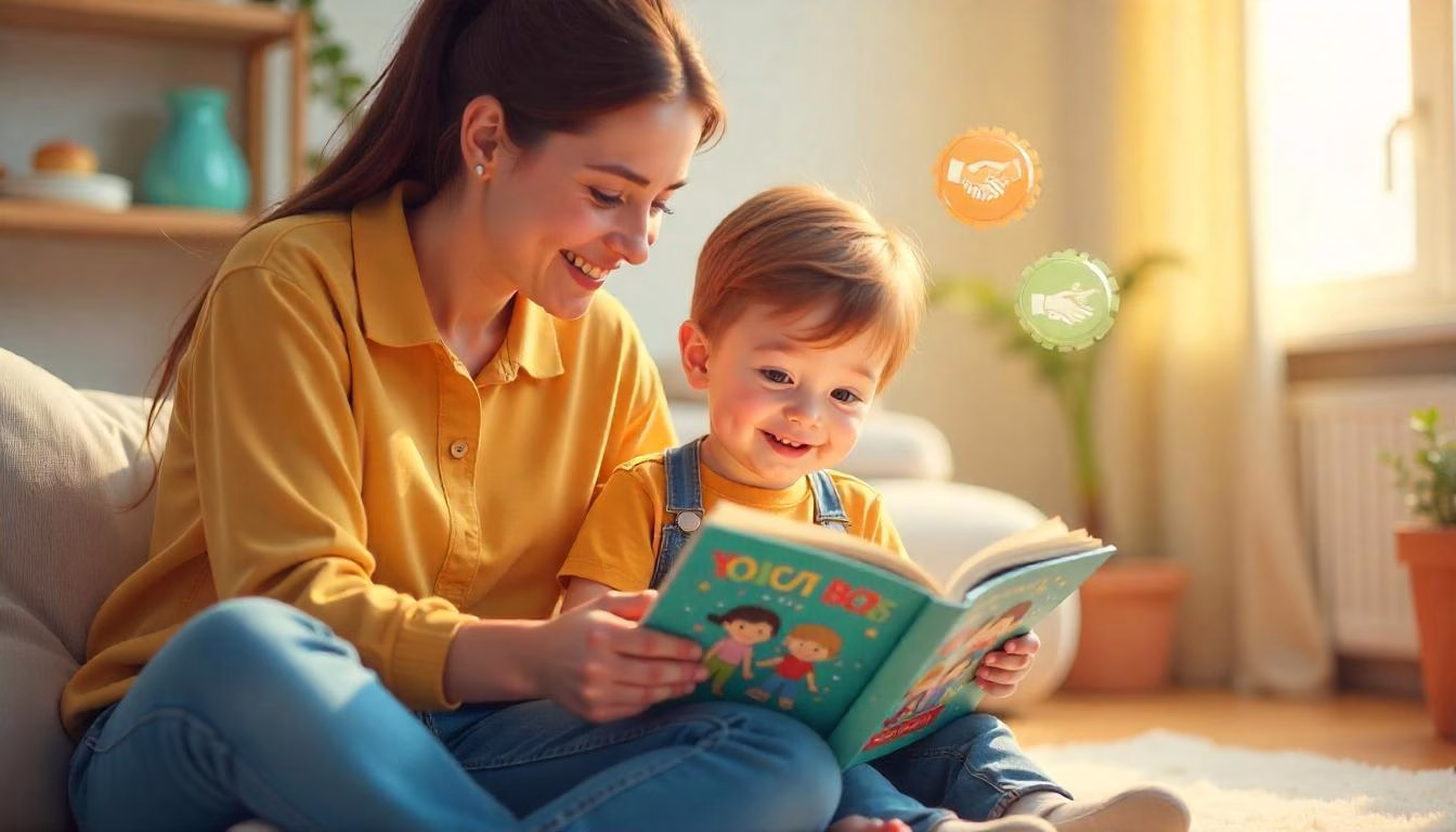 A supportive parent reading a social storybook with a smiling autistic child in a cozy home setting, helping them understand social interactions.