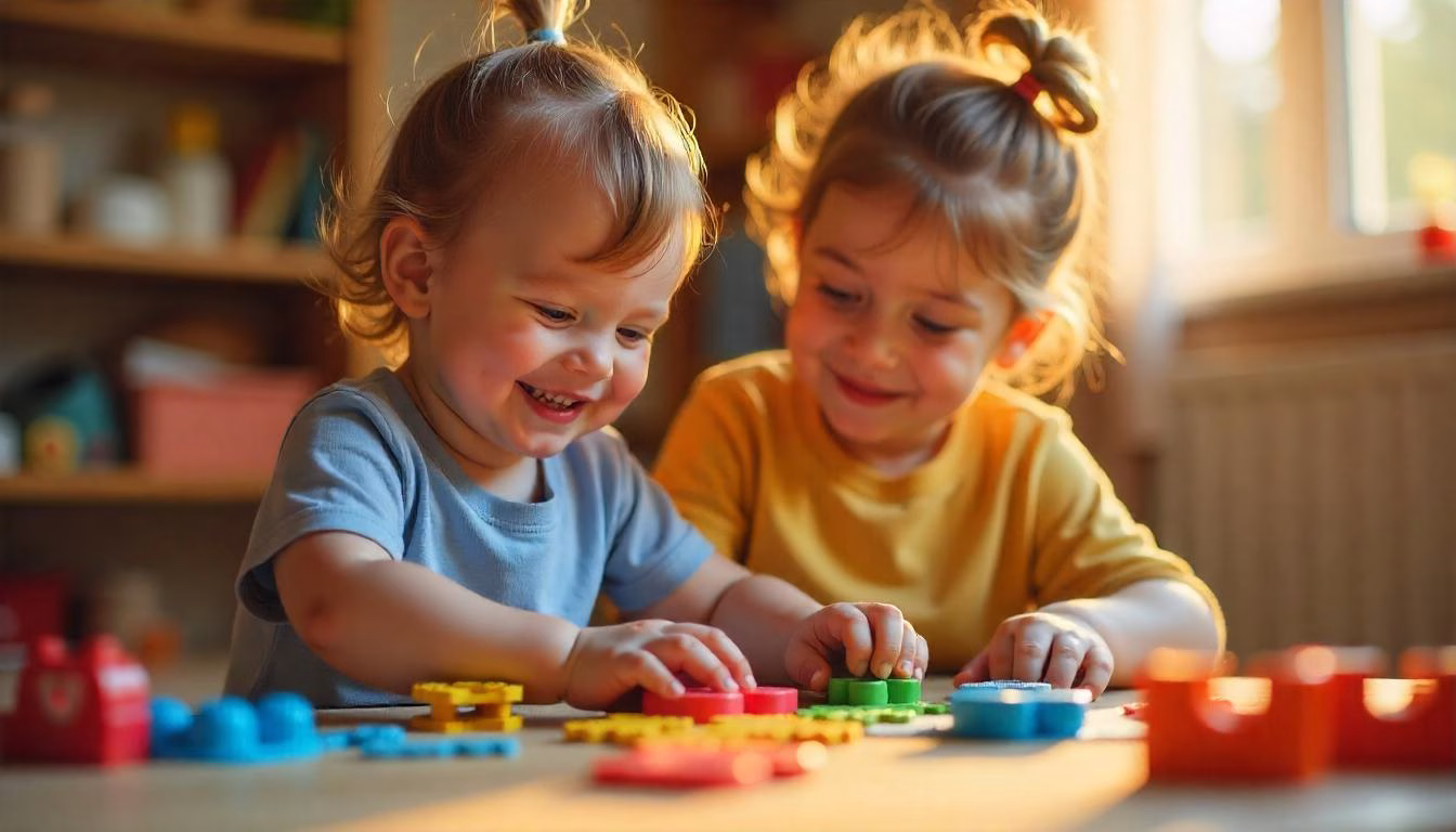A smiling autistic child playing with sensory toys and educational games alongside a supportive caregiver in a warm and inclusive environment.