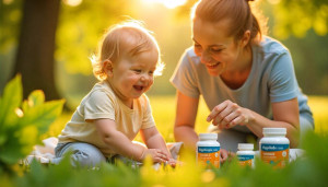 A smiling child playing with a parent outdoors, surrounded by natural elements like leafy greens, fish, and supplement bottles representing ADHD-friendly nutrients such as omega-3, magnesium, and vitamin D