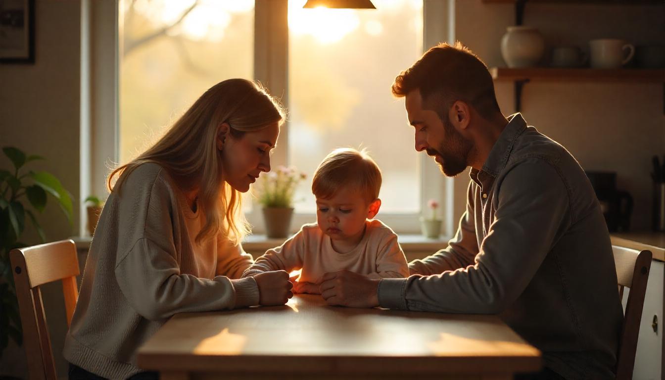 Parents comforting their sad child at a kitchen table while watching other children play outside, symbolizing childhood loneliness and the need for friendship support.