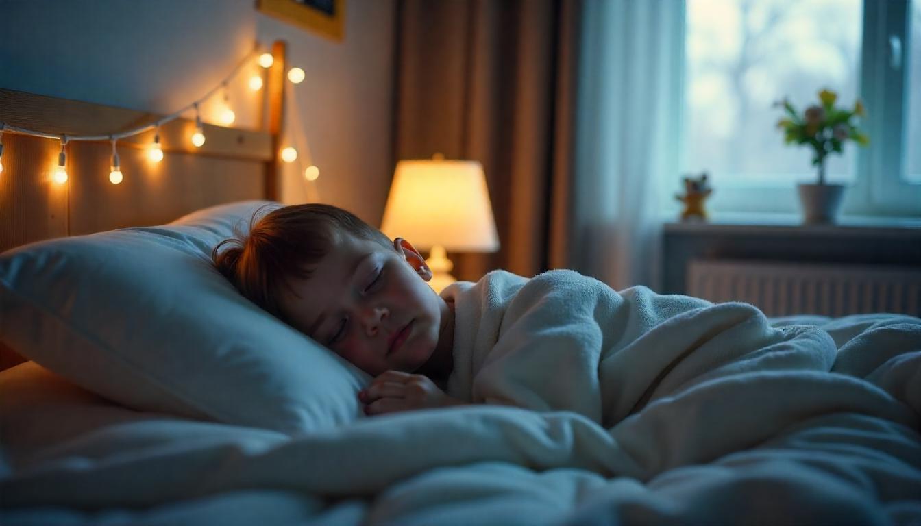 A cozy, sensory-friendly bedroom with a young child peacefully sleeping under a weighted blanket, surrounded by calming elements like blackout curtains, a white noise machine, and soft lighting – visually representing a sleep-friendly environment for children with ADHD.
