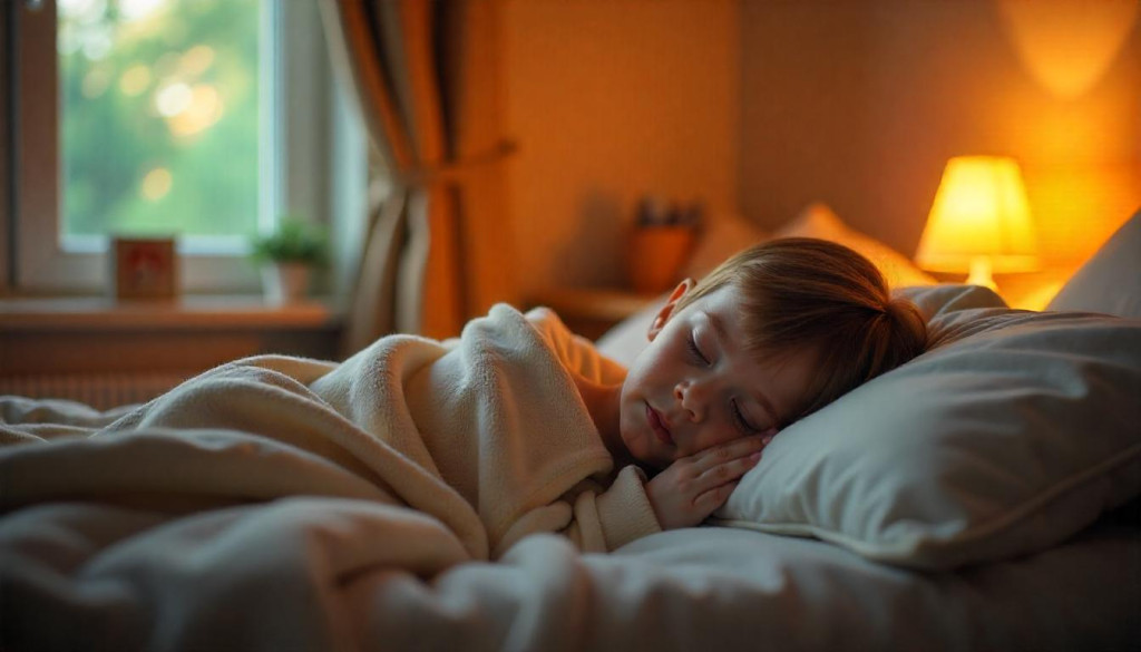 A cozy, sensory-friendly bedroom with a young child peacefully sleeping under a weighted blanket, surrounded by calming elements like blackout curtains, a white noise machine, and soft lighting – visually representing a sleep-friendly environment for children with ADHD.