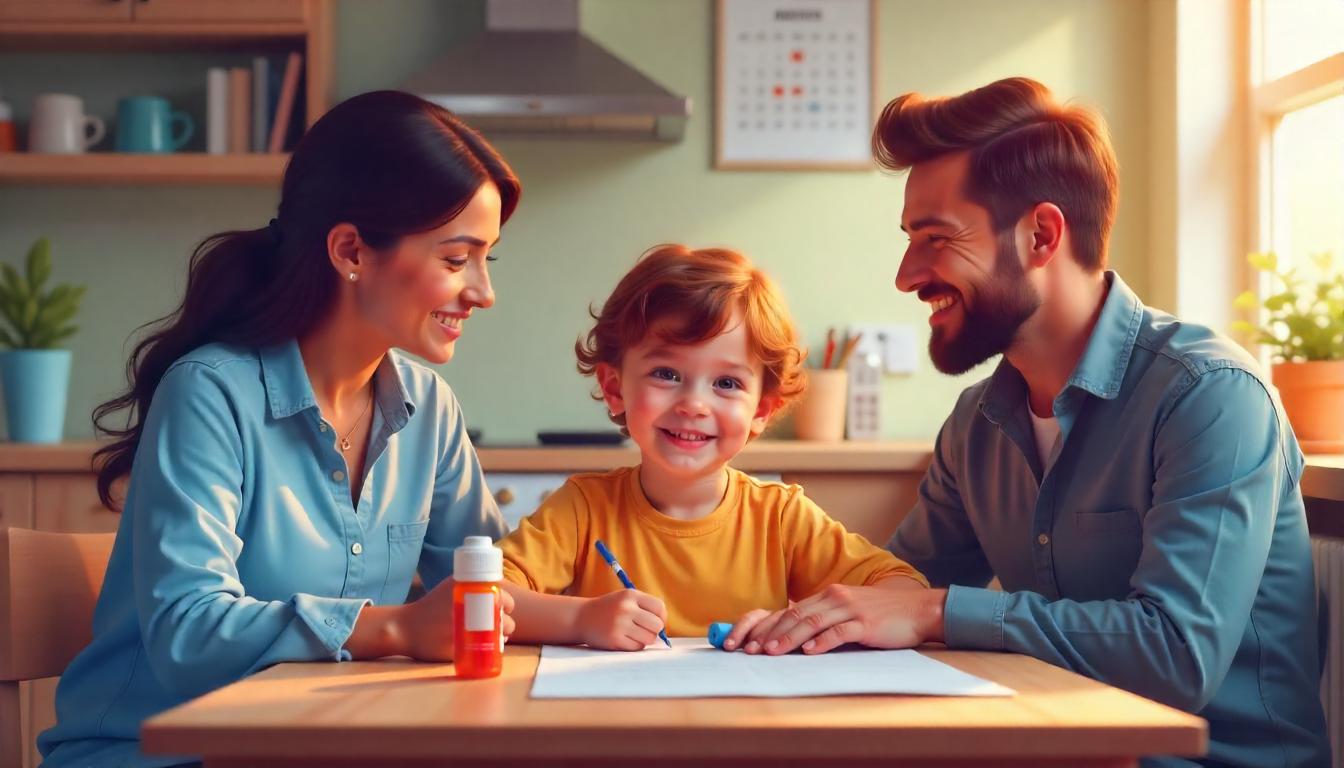 Child with ADHD sitting calmly with supportive parents at a table, surrounded by symbols of medication, routine, and emotional care