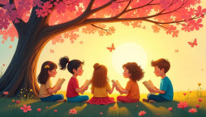 Illustration of children sharing the 20 Best Friendship Poems for Kids under a blooming tree in a whimsical pastel style, evoking connection and joy