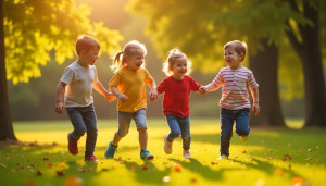 Group of happy children playing together outdoors, illustrating the 15 best friendship lessons for kids