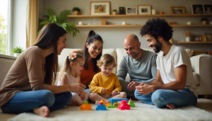 Warm and inviting living room with cozy furniture and diverse families connecting, including a child with autism using sensory-friendly toys
