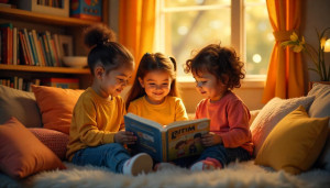 Children reading friendship books together in a cozy, inclusive reading space with warm lighting and diverse characters.