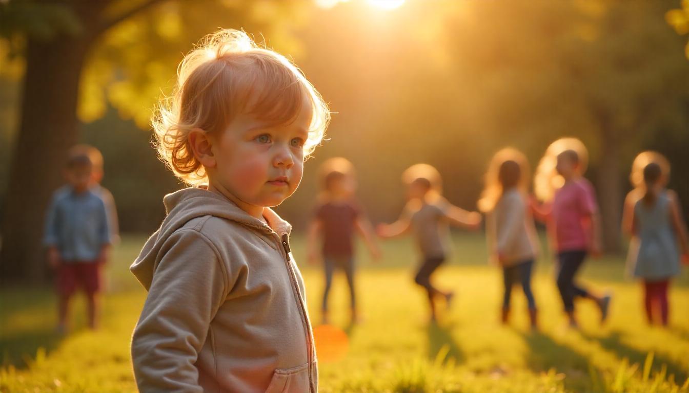 An anxious child standing alone in a park, watching other kids play, symbolizing social anxiety and childhood loneliness with a hopeful and warm atmosphere.