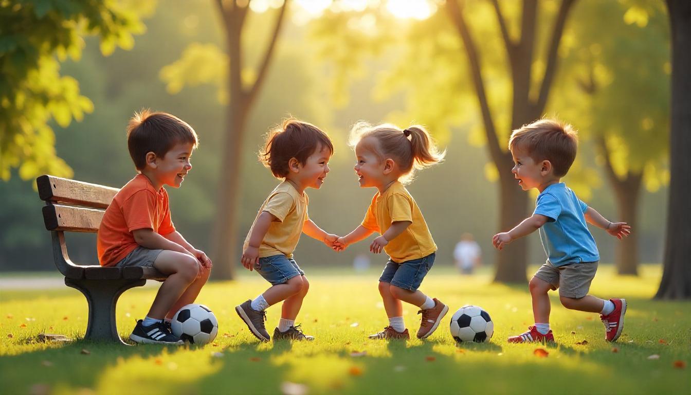 boys and girls making friends in different ways at a sunny park, some playing games and others having conversations, showing different friendship styles