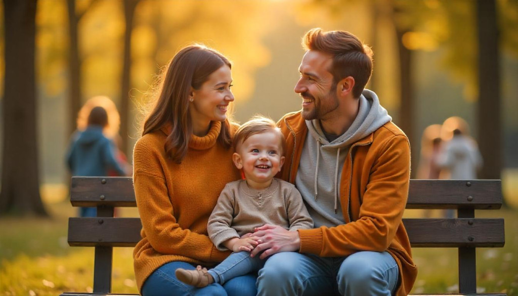 parent and child sharing a heartfelt moment on a park bench while children play together nearby, symbolizing positive friendship role modeling and emotional connection