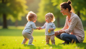 Two children playing together in a sunny park while a parent watches supportively, showing a balance between planned playdates and spontaneous friendship moments.