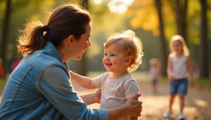 parent gently encouraging a shy child to play at a park while other children interact nearby in a warm and friendly environment