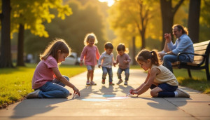 Children playing and making friends in a sunny park, supervised by a parent, showcasing inclusive outdoor social interaction for kids.