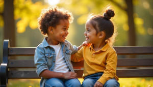 Two children bonding on a park bench, sharing a moment of trust and friendship in a safe, sunlit outdoor setting, representing emotional connection and support.
