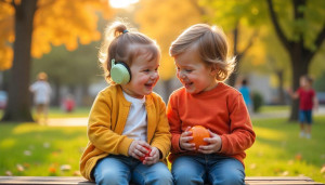 Two young children sitting on a park bench sharing a toy and smiling, representing inclusive and supportive childhood friendship in a safe and diverse environment