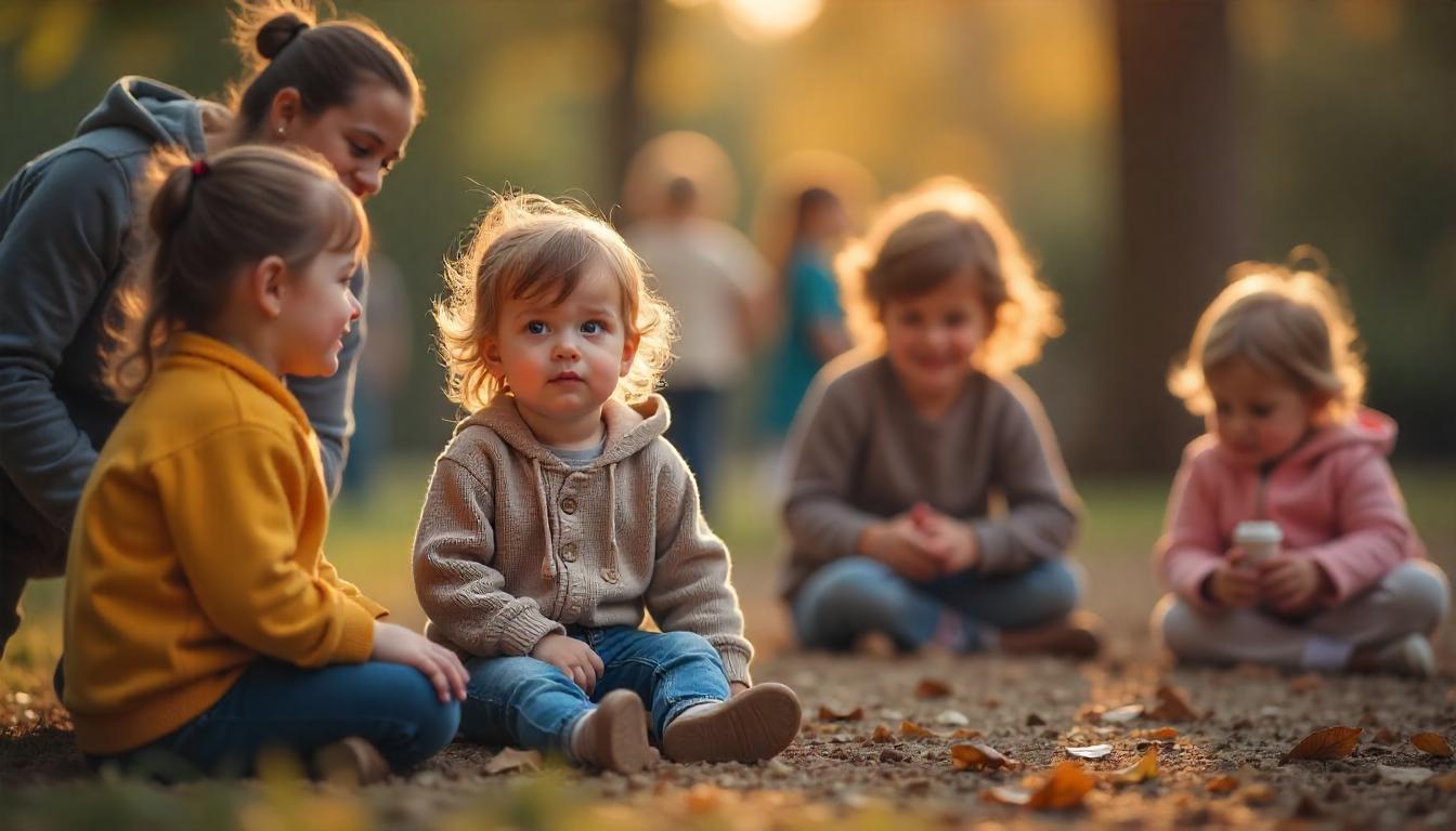 Shy child sitting near a group of kids at a playground while a caring adult offers gentle encouragement, representing social development and emotional support.