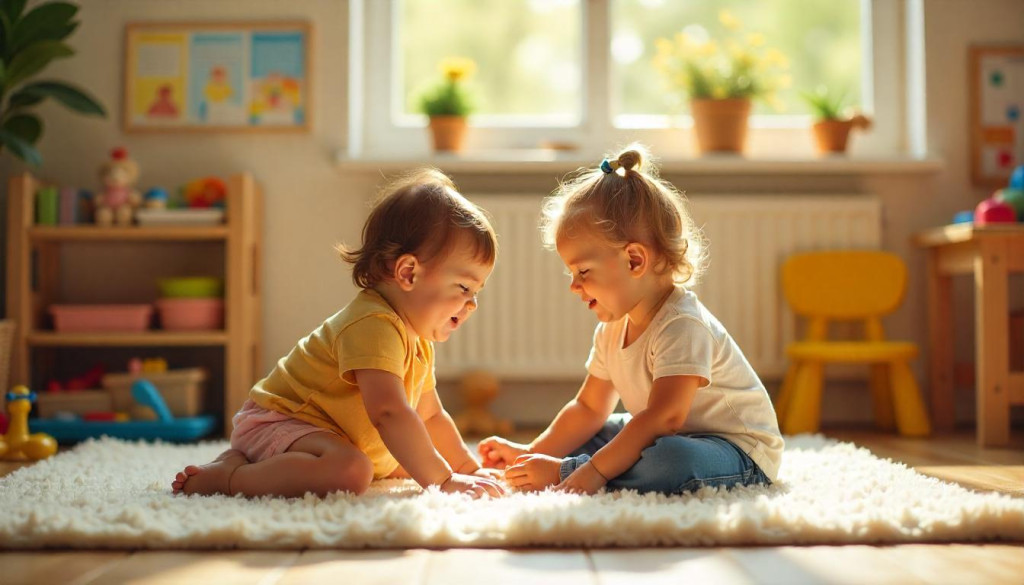 child with autism and a friend playing together during a structured playdate with parent support in a sensory-friendly room