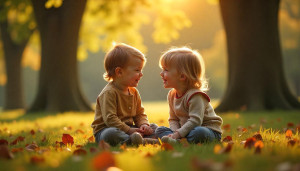 two children sitting close together under a tree in a sunny park, smiling and enjoying each other's company, representing the comfort and joy of having one close friend in childhood